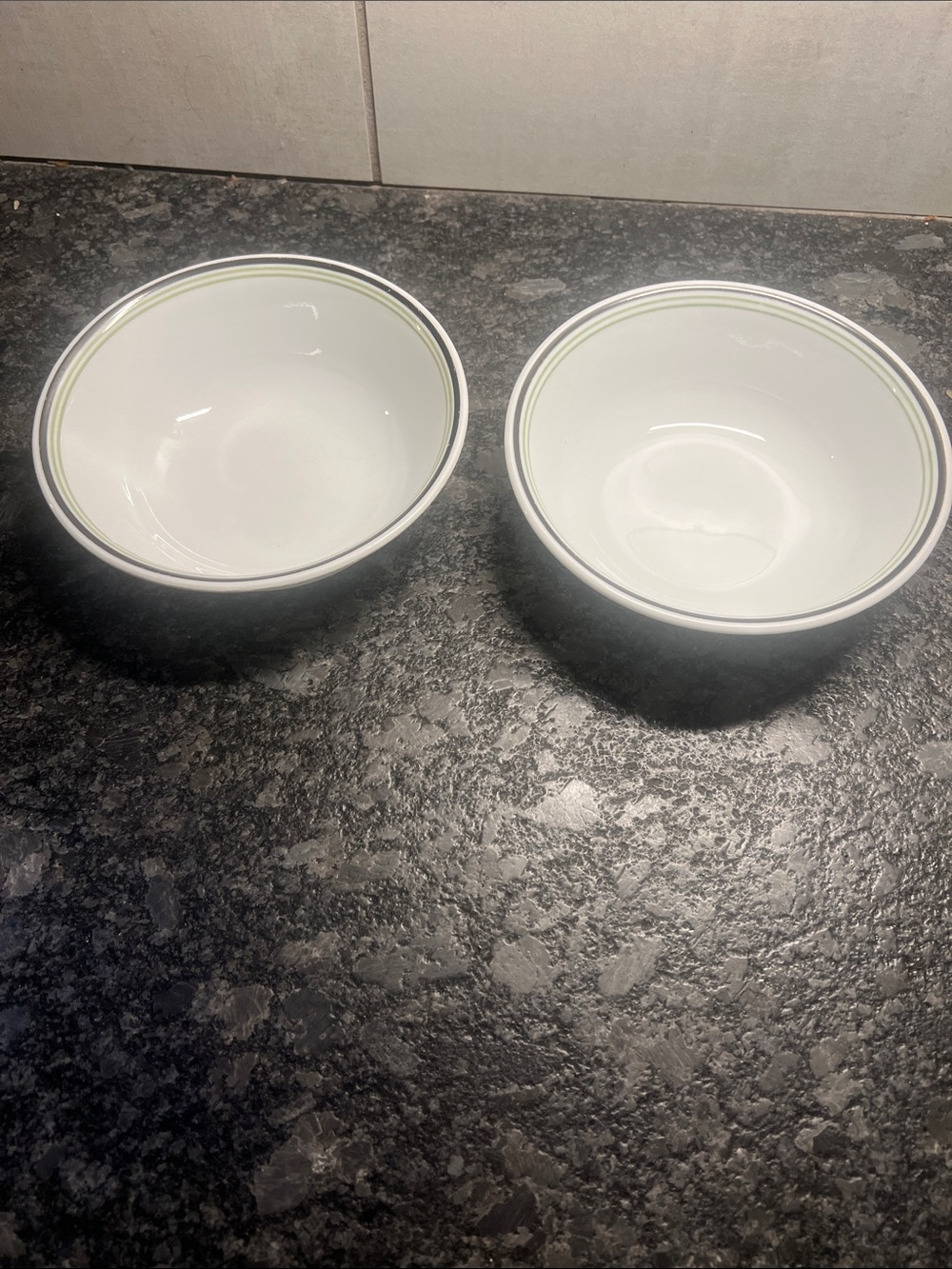 Set of 2 Corelle COUNTRY COTTAGE soup/cereal bowls. Green and black stripe.